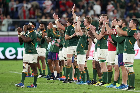 YOKOHAMA, JAPAN - OCTOBER 27: South Africa players acknowledge the crowd after the Rugby World Cup 2019 Semi-Final match between Wales and South Africa at International Stadium Yokohama on October 27, 2019 in Yokohama, Kanagawa, Japan. (Photo by Craig Mercer/MB Media/Getty Images)