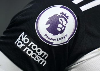 LONDON, ENGLAND - DECEMBER 26: A detailed view of the Premier League badge is seen alongside the No room for racism badge on a Fulham shirt sleeve during the Premier League match between Fulham and Southampton at Craven Cottage on December 26, 2020 in London, England. The match will be played without fans, behind closed doors as a Covid-19 precaution. (Photo by John Walton - Pool/Getty Images)