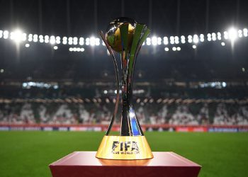 DOHA, QATAR - FEBRUARY 11: The winner's trophy is seen on a plinth at the side of the pitch prior to the FIFA Club World Cup Qatar 2020 Final between FC Bayern Muenchen and Tigres UANL at the Education City Stadium on February 11, 2021 in Doha, Qatar. (Photo by David Ramos - FIFA/FIFA via Getty Images)