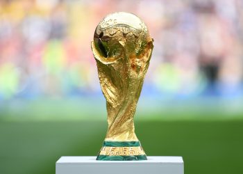 MOSCOW, RUSSIA - JUNE 14: A detailed view of the World Cup Trophy is seen prior to the 2018 FIFA World Cup Russia Group A match between Russia and Saudi Arabia at Luzhniki Stadium on June 14, 2018 in Moscow, Russia. (Photo by Michael Regan - FIFA/FIFA via Getty Images)