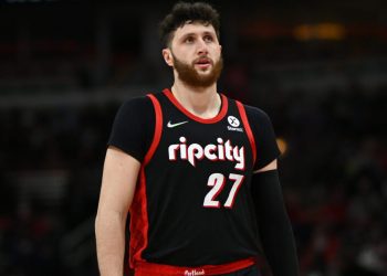 CHICAGO, ILLINOIS - JANUARY 30: Jusuf Nurkic #27 of the Portland Trail Blazers looks on during the game against the Chicago Bulls at United Center on January 30, 2022 in Chicago, Illinois.  NOTE TO USER: User expressly acknowledges and agrees that, by downloading and or using this photograph, User is consenting to the terms and conditions of the Getty Images License Agreement.  (Photo by Quinn Harris/Getty Images)