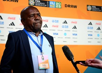 AUCKLAND, NEW ZEALAND - OCTOBER 22: Coach Bruce Mwape of Zambia is interviewed during the FIFA Women's World Cup 2023 Final Tournament Draw at Aotea Centre on October 22, 2022 in Auckland, New Zealand. (Photo by Joe Allison - FIFA/FIFA via Getty Images)