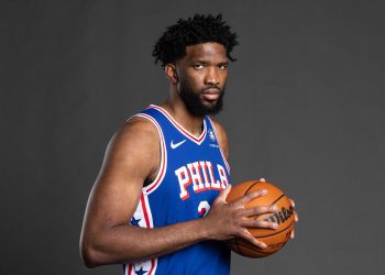 Sep 30, 2024; Camden, NJ, USA; Philadelphia 76ers center Joel Embiid (21) poses for a photo on media day at the Philadelphia 76ers Training Complex. Mandatory Credit: Bill Streicher-Imagn Images